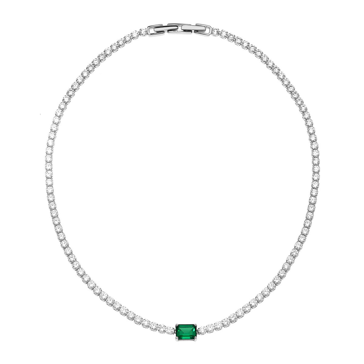 Tennis Necklace With Nano Emerald Silver Plated