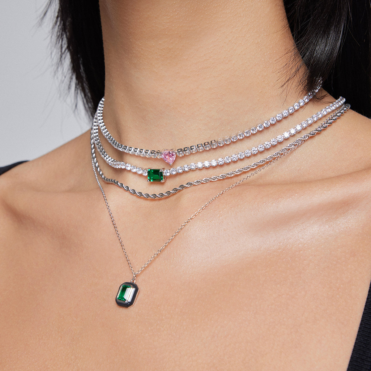 Tennis Necklace With Nano Emerald Silver Plated