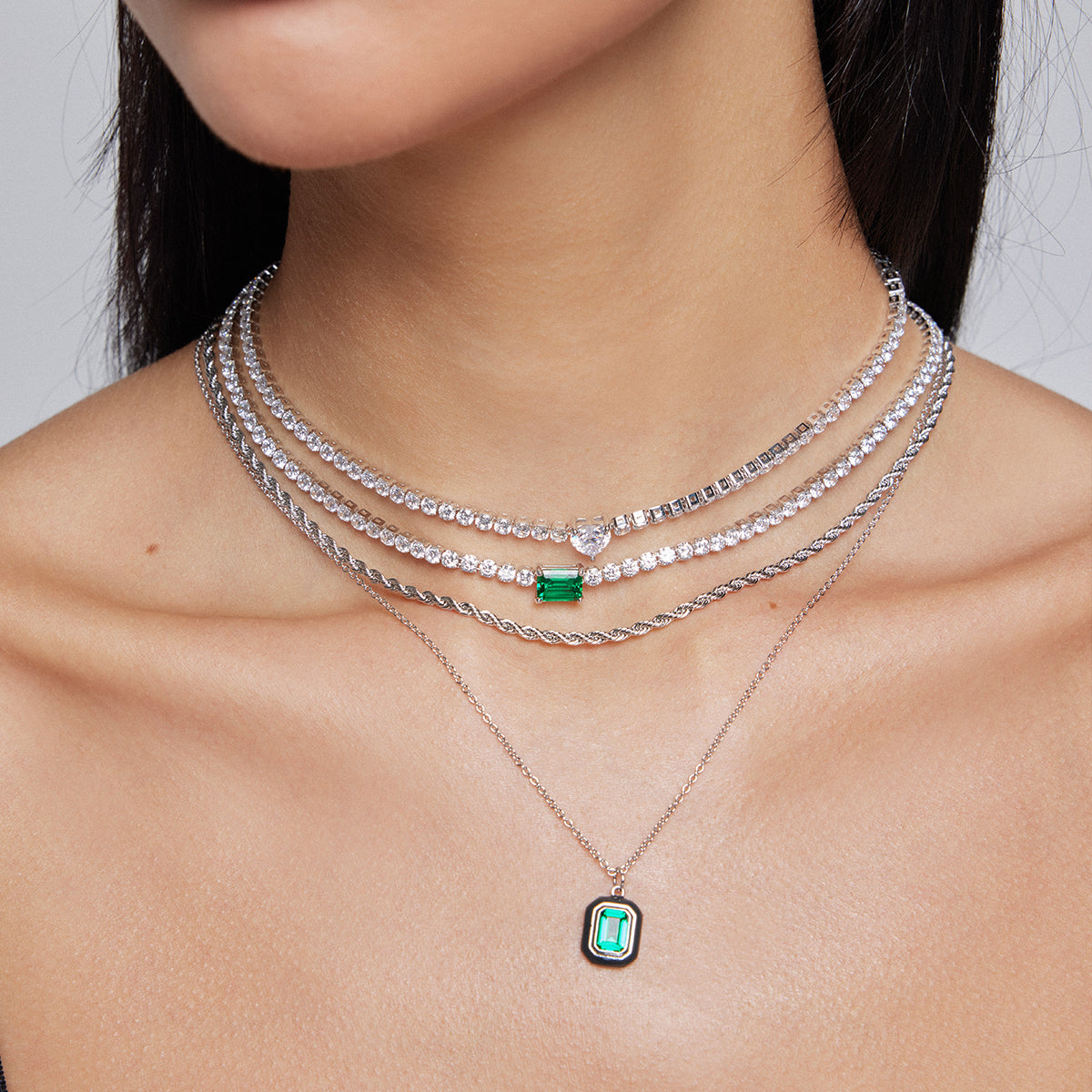 Tennis Necklace With Nano Emerald Silver Plated