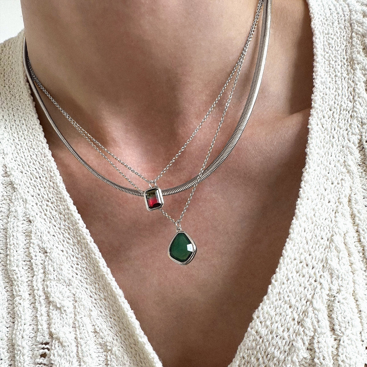 Green Agate Charm Necklace Silver Plated