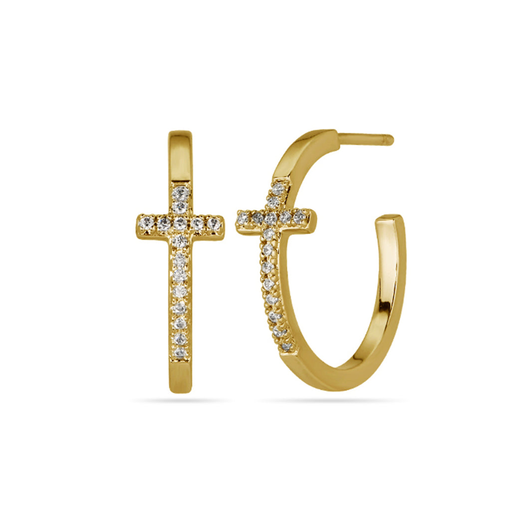 Pave Cross Hoop Earrings 18ct Gold Plated
