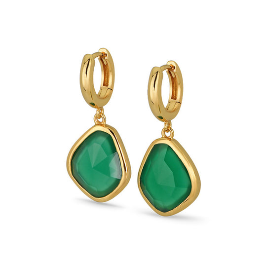 Green Agate Charm Drop Hoop Earrings 18ct Gold Plated
