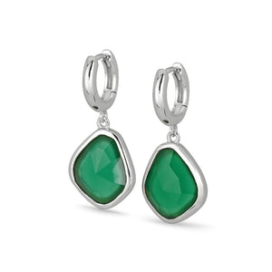 Green Agate Charm Drop Hoop Earrings Silver Plated