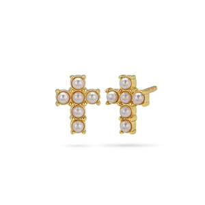Pearl Cross Studd Earrings 18ct Gold Plated