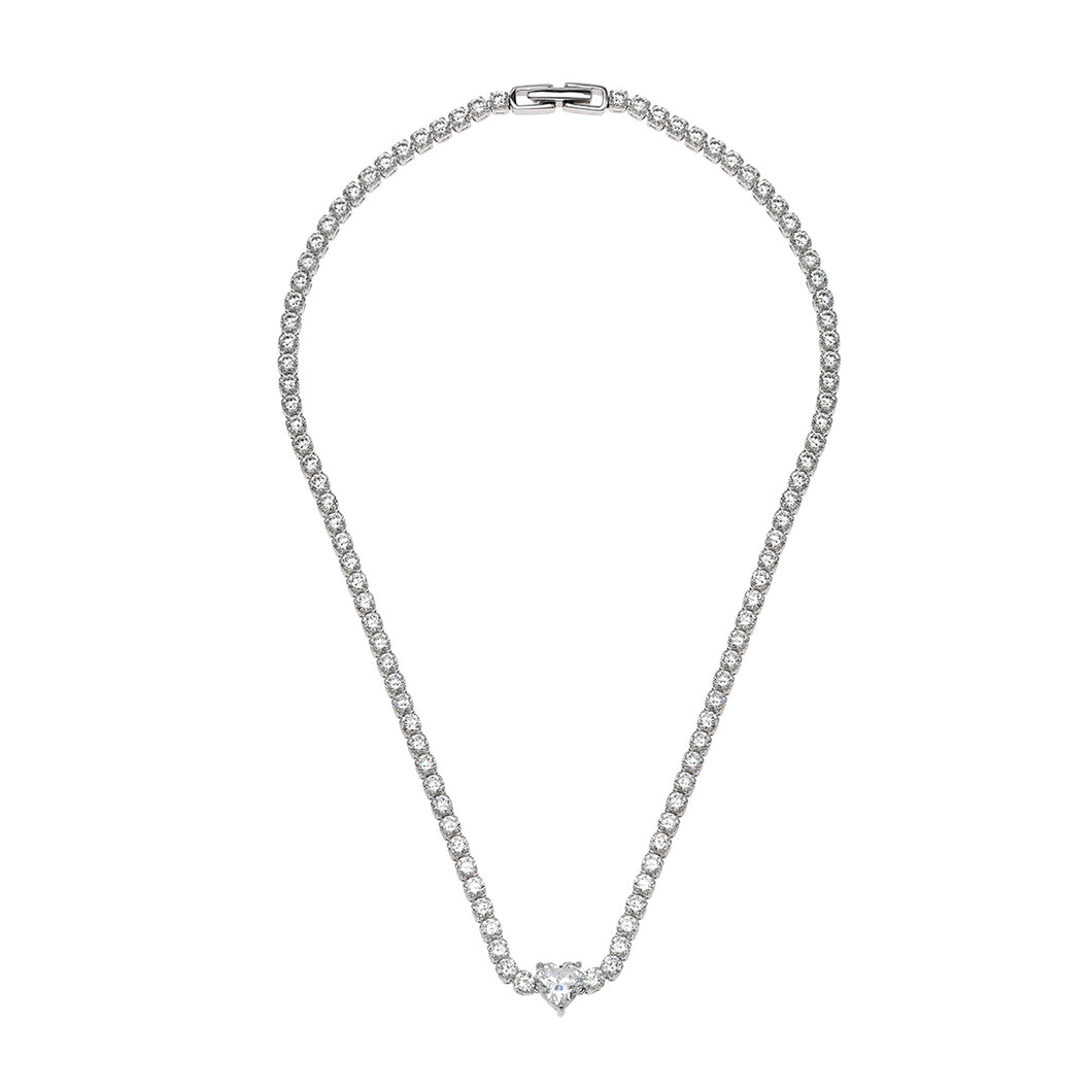 Heart Solitaire Tennis Necklace Silver Plated