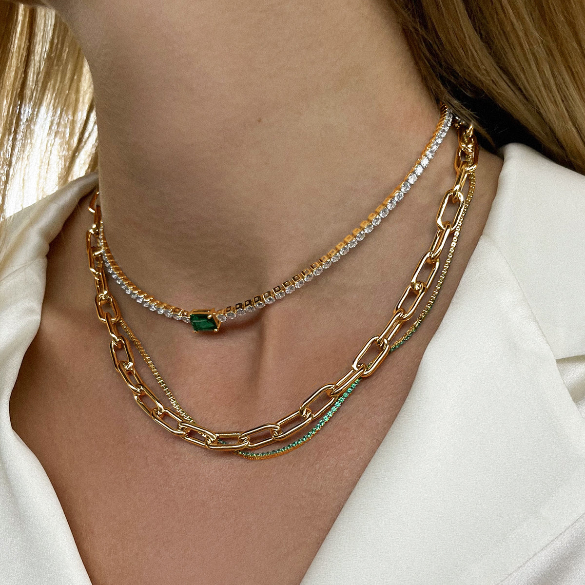 Tennis Necklace With Nano Emerald 18ct Gold Plated