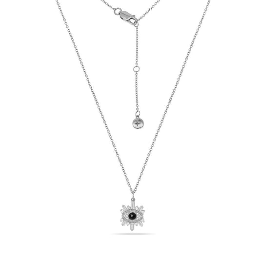 Onyx & Cubic Zirconia Eye Charm Necklace Silver Plated