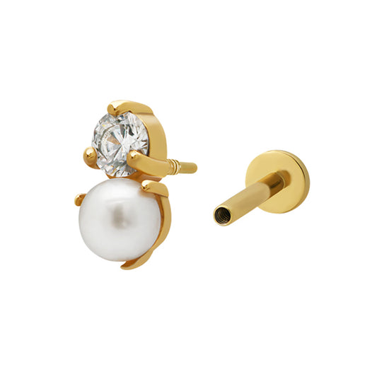 Double Trouble Pearl Piercing Stud 18ct Gold Plated