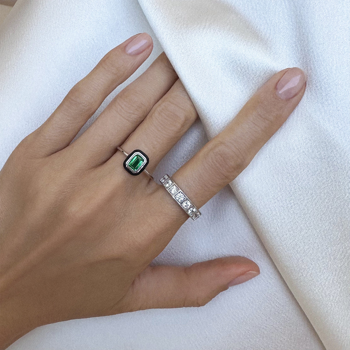 Nano Emerald & Enamel Ring Silver Plated