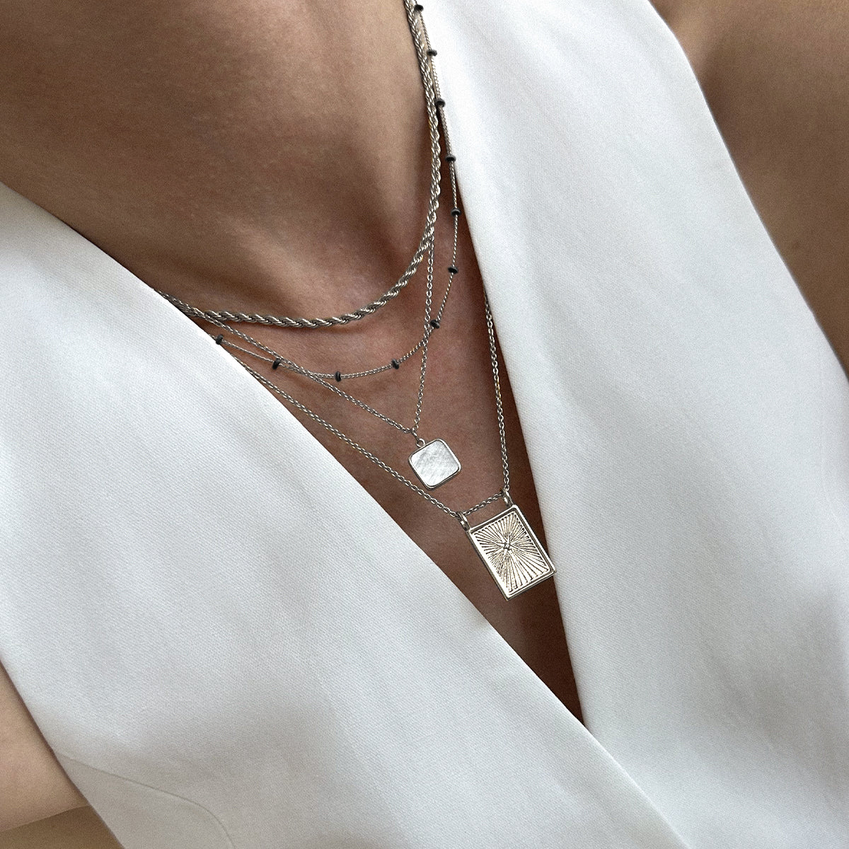 Mother Of Pearl Square Charm Necklace Silver Plated