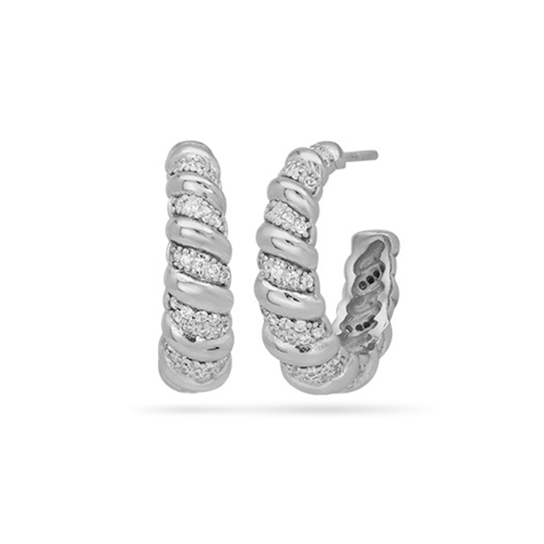 Pave Croissant Hoop Earrings Silver Plated