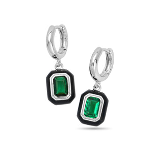 Nano Emerald Enamel Charm Huggie Hoop Earrings Silver Plated