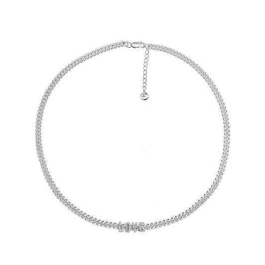 Flat Curb Chain Necklace With LOVE Letters Silver Plated