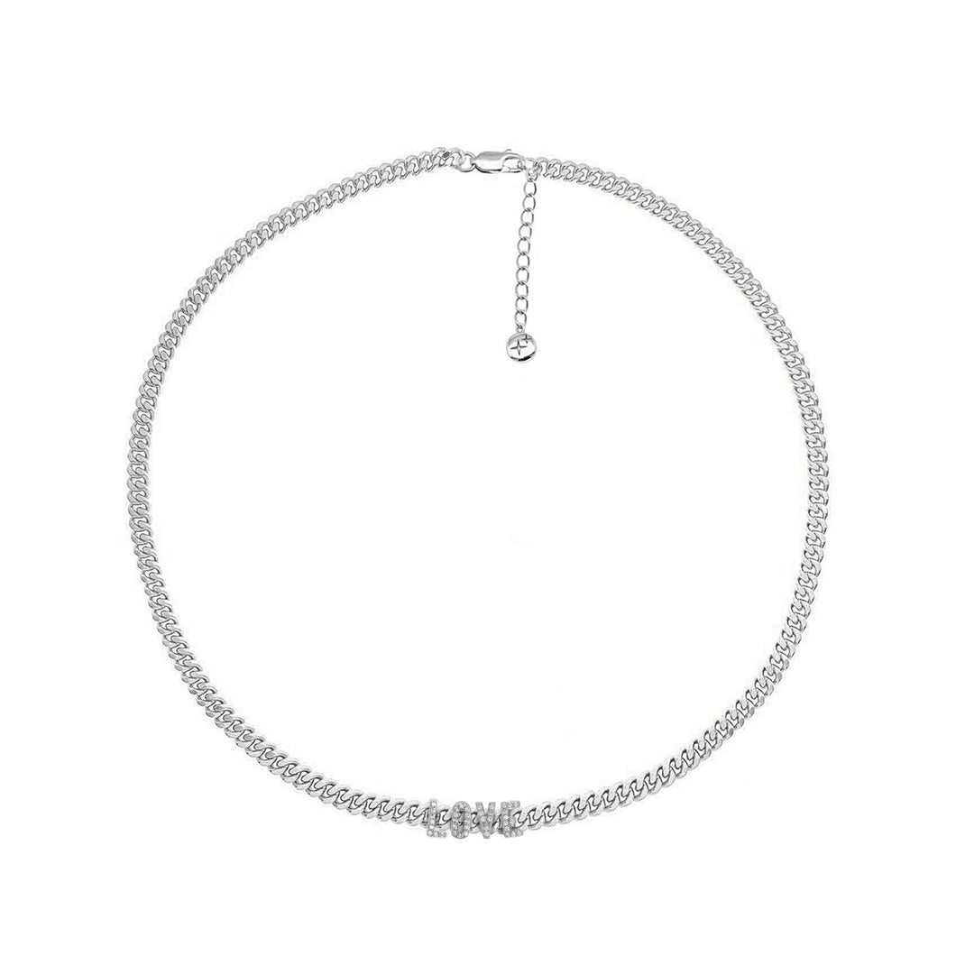 Flat Curb Chain Necklace With LOVE Letters Silver Plated
