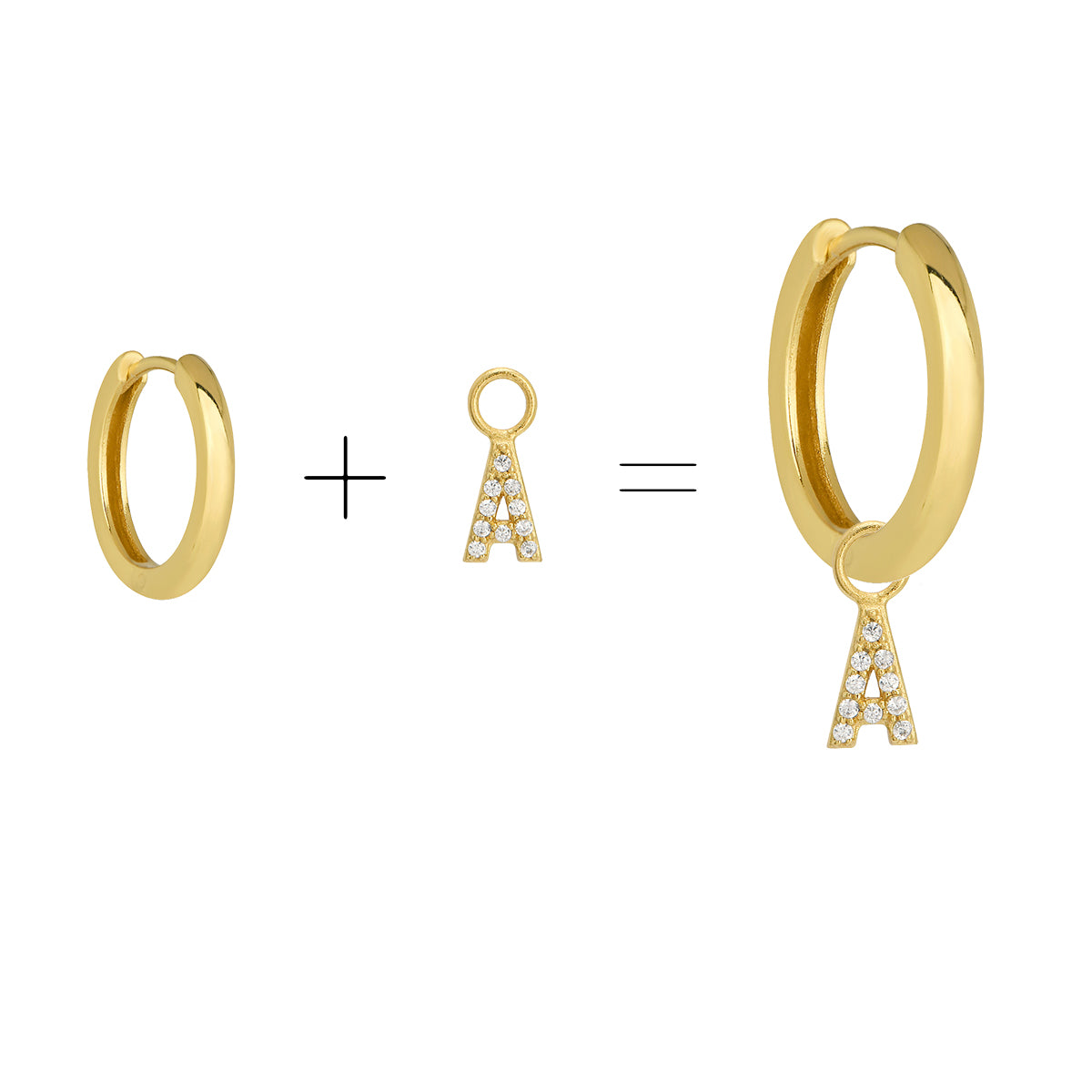 Cubic Zirconia Letter A Huggie Hoop Charm Enhancer 18ct Gold Plated Vermeil
