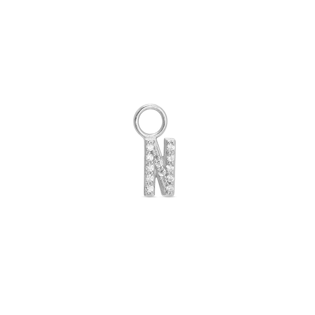 Cubic Zirconia Letter N Huggie Hoop Charm Enhancer Sterling Silver